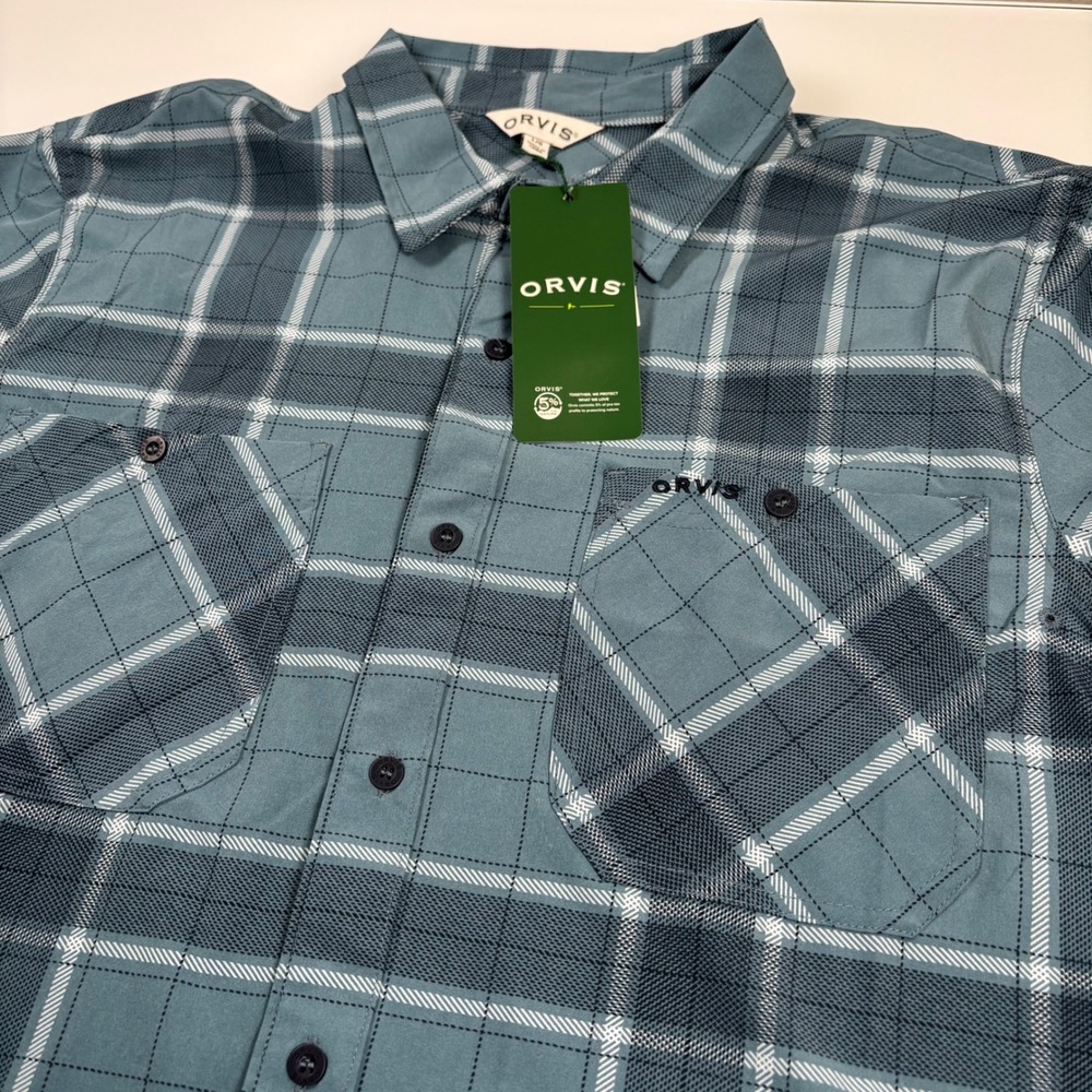 Orvis Mens L Aegean Blue Fletcher Tech Shirt NEW Plaid Short Sleeve Wicking